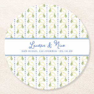 Chic Lemon Citrus Blue & Yellow Summer Wedding Round Paper Coaster