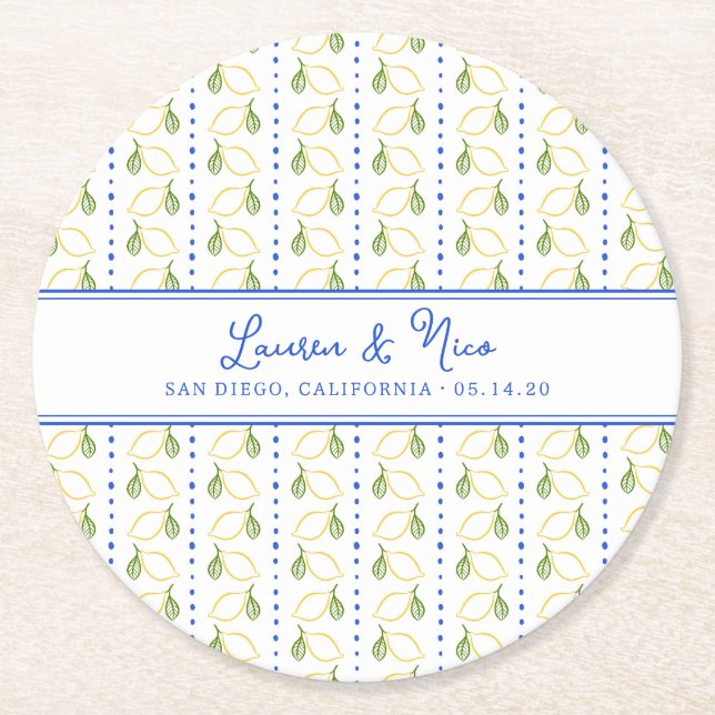 Chic Lemon Citrus Blue & Yellow Summer Wedding Round Paper Coaster (Front)