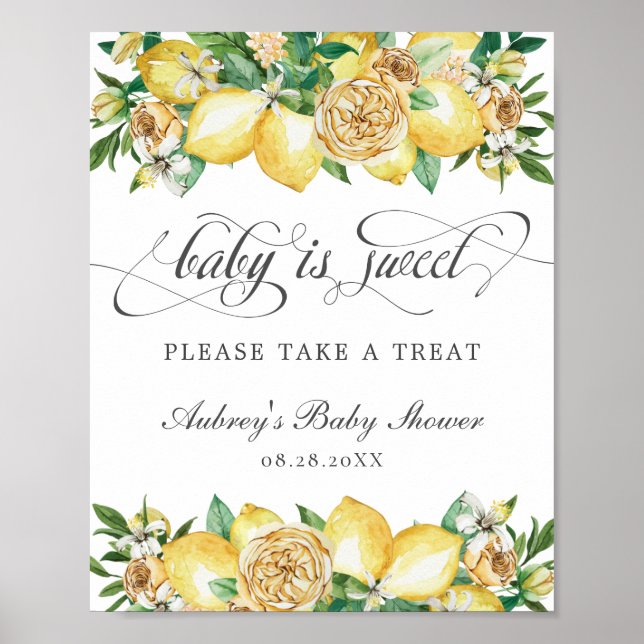 Chic Lemon Floral Baby is Sweet Treat Shower Sign (Front)