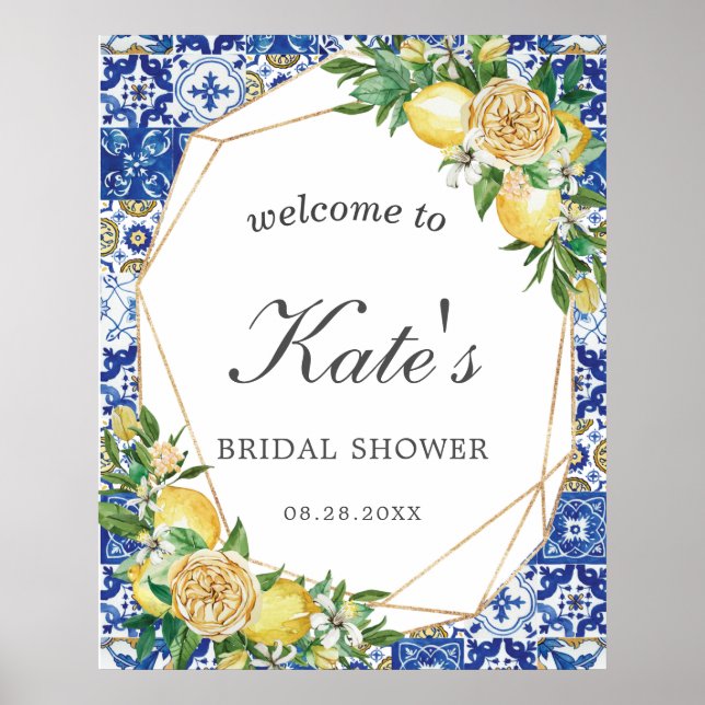 Chic Lemon Floral Geometric Bridal Shower Welcome Poster (Front)