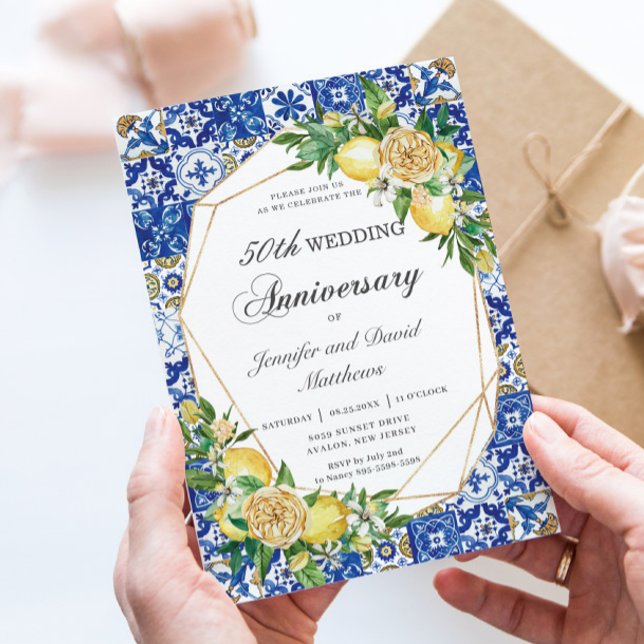 Chic Lemon Floral Geometric Wedding Anniversary Invitation (Creator Uploaded)