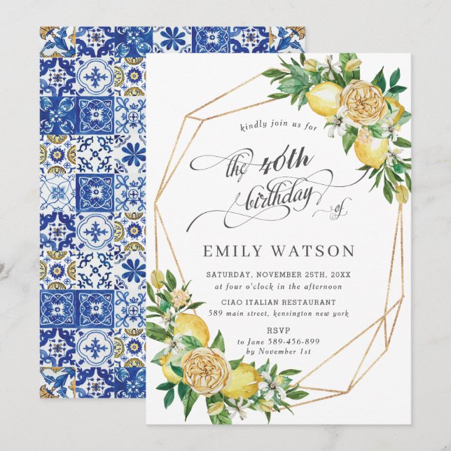 Chic Lemon Floral Greenery Geometric Birthday Invitation (Front/Back)