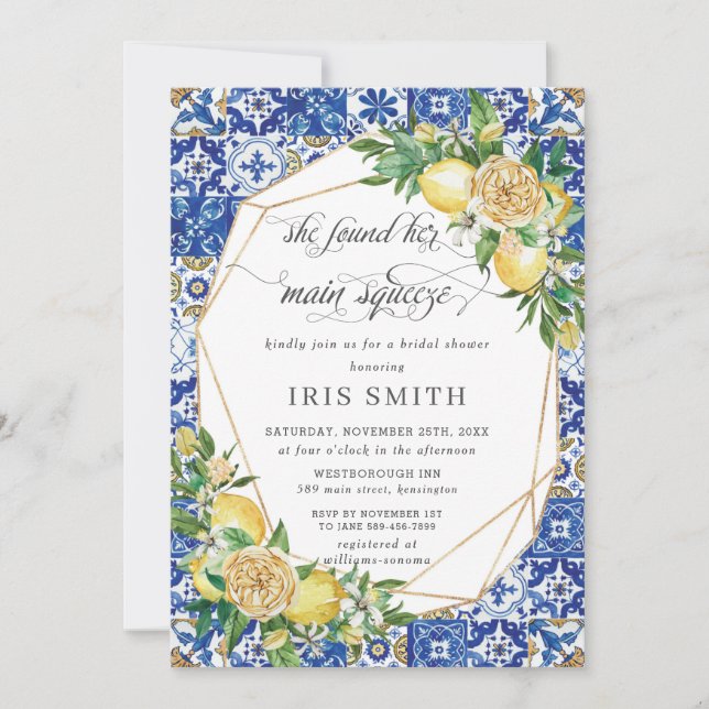 Chic Lemon Floral Greenery Geometric Bridal Shower Invitation (Front)