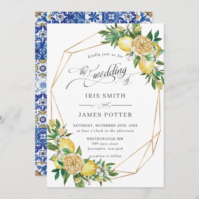 Chic Lemon Floral Greenery Geometric Wedding Invitation (Front/Back)