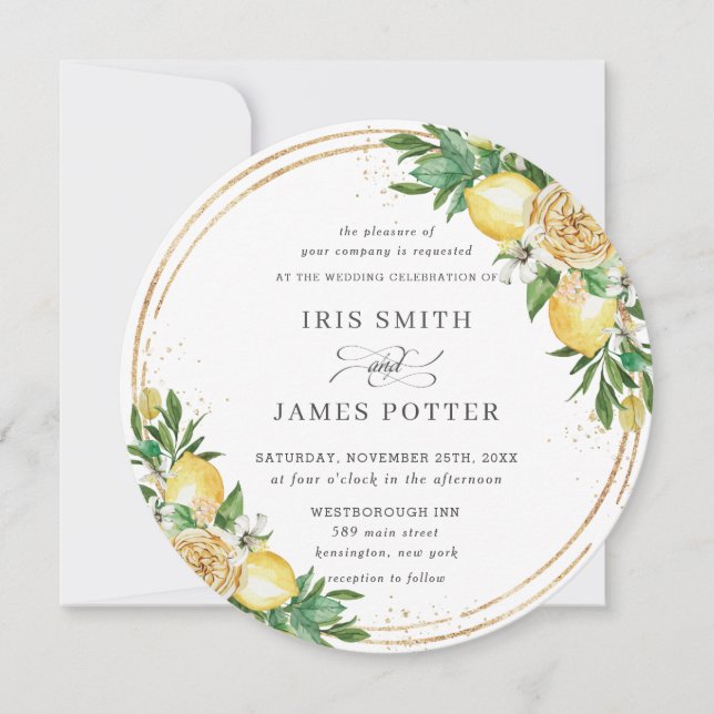 Chic Lemon Floral Greenery Gold Wedding Invitation (Front)
