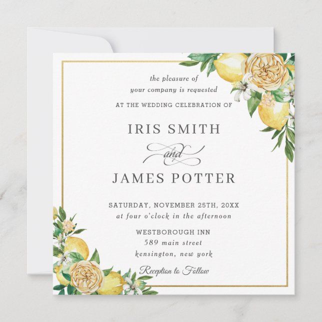 Chic Lemon Floral Greenery Gold Wedding Square Invitation (Front)