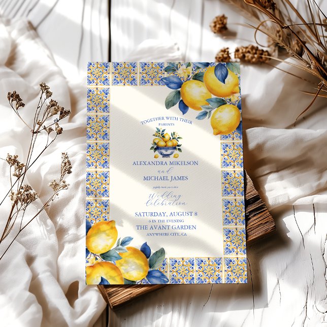 Chic Lemon Floral Greenery Mediterranean Wedding Invitation (Creator Uploaded)