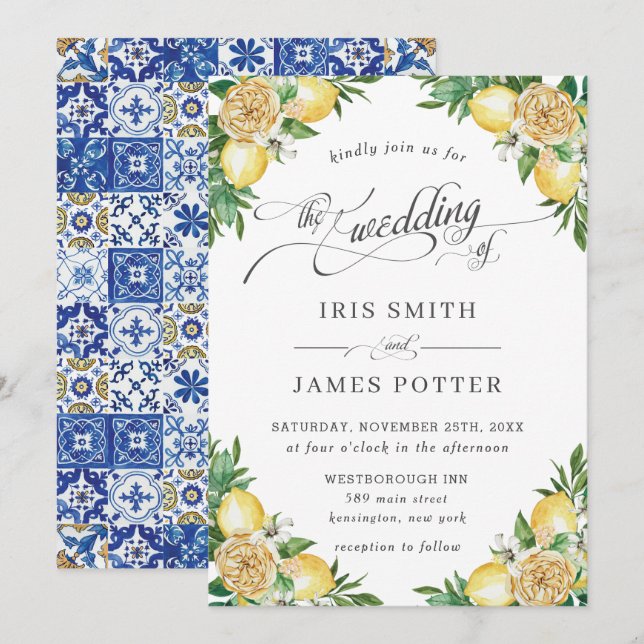 Chic Lemon Floral Greenery Mediterranean Wedding Invitation (Front/Back)