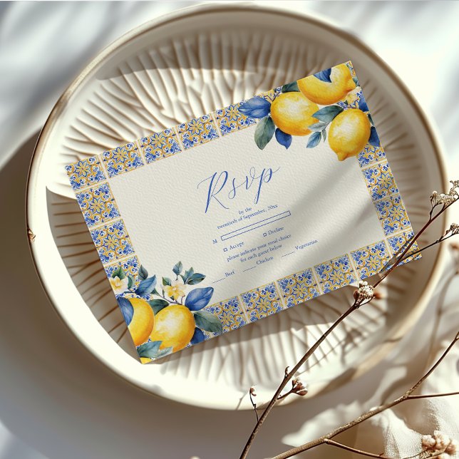 Chic Lemon Floral Greenery Mediterranean Wedding RSVP Card (Creator Uploaded)