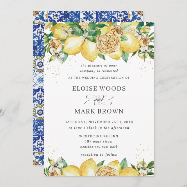 Chic Lemon Floral Summer Greenery Wedding Invitation (Front/Back)