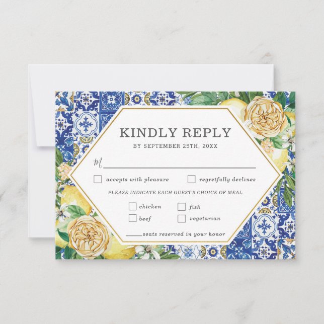 Chic Lemon Floral Wedding Meal Choice Mosaic Tiles RSVP Card (Front)