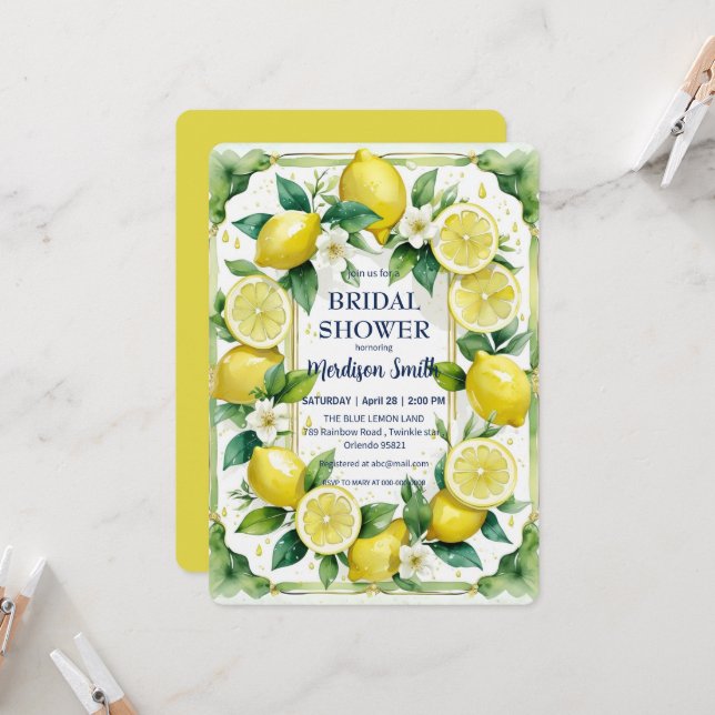 Chic Lemon Mediterranean Summer Bridal Shower   Invitation (Front/Back In Situ)
