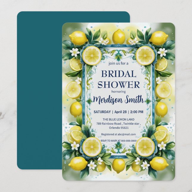 Chic Lemon Mediterranean Summer Bridal Shower   Invitation (Front/Back)