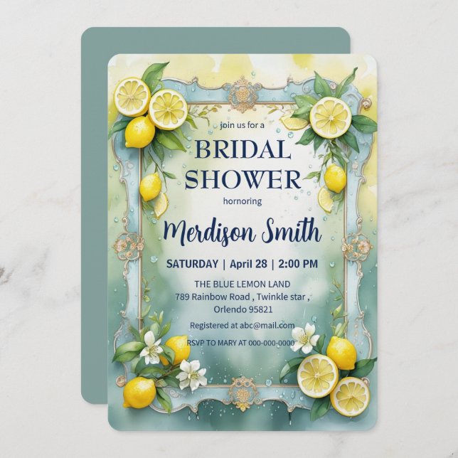 Chic Lemon Mediterranean Summer Bridal Shower   Save The Date (Front/Back)
