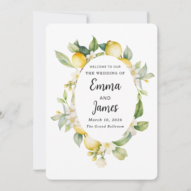 chic lemon Spring floral Wreath minimalist Invitation (Front)