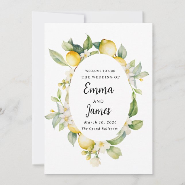 chic lemon Spring floral Wreath minimalist Invitation (Front)