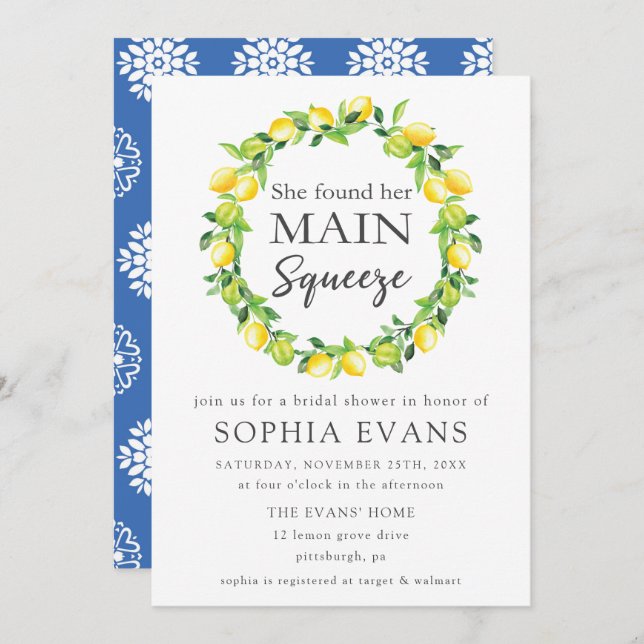 Chic Lemon Wreath Main Squeeze Bridal Shower Invitation (Front/Back)