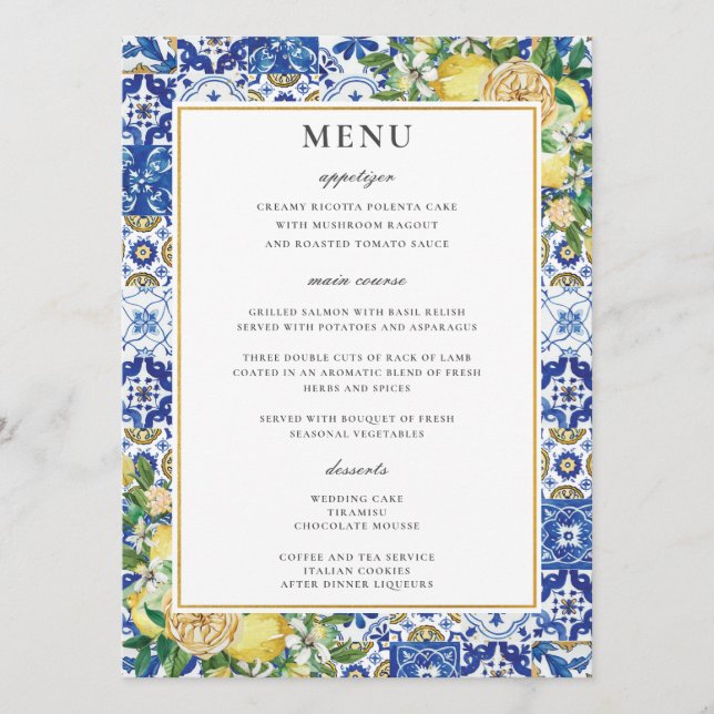 Chic Lemons Floral Greenery Mosaic Wedding Menu (Front)