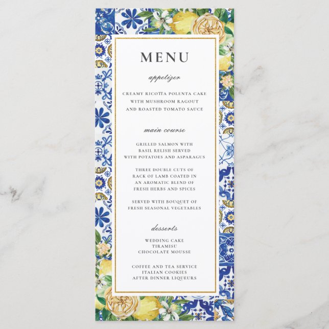 Chic Lemons Floral Greenery Mosaic Wedding Menu (Front)
