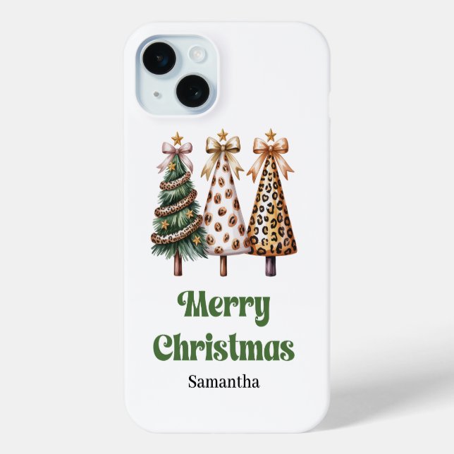 Chic leopard pattern Christmas trees custom name  Case-Mate iPhone Case (Back)