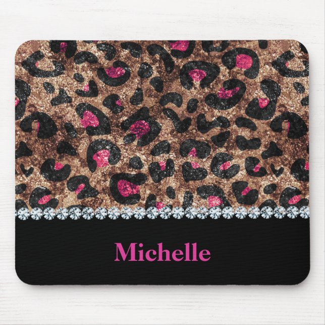 Chic leopard pink animal diamond personalized mouse pad (Front)