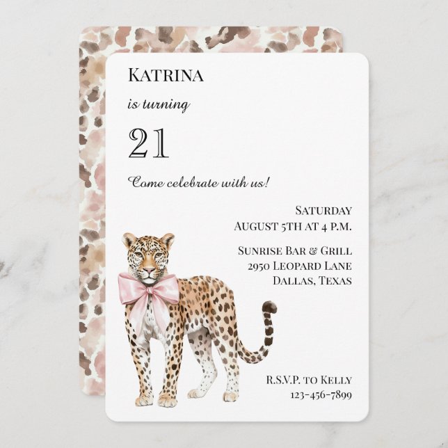 Chic Leopard Pink Bow Birthday Invitation (Front/Back)