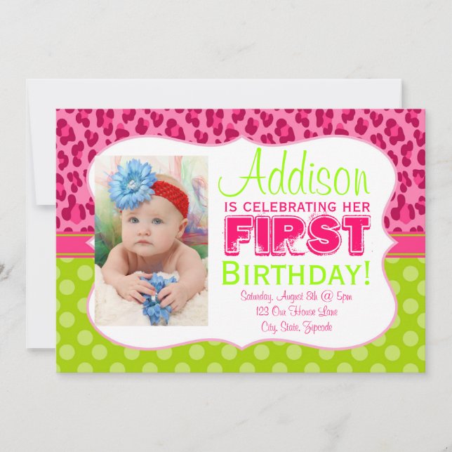 Chic Leopard & Polka Dots Lime Green & Pink Invite (Front)