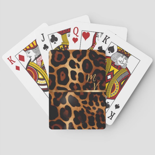 Chic Leopard Print and Gold Monogrammed  Playing Cards (Back)