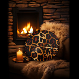 Chic Leopard Print and Gold Monogrammed  Round Cushion