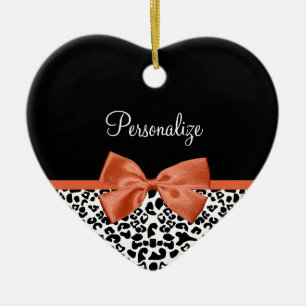 Chic Leopard Print Burnt Orange Bow With Name Ceramic Tree Decoration