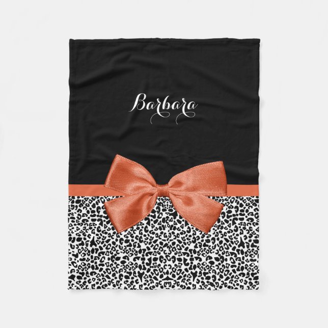Chic Leopard Print Burnt Orange Bow With Name Fleece Blanket (Front)