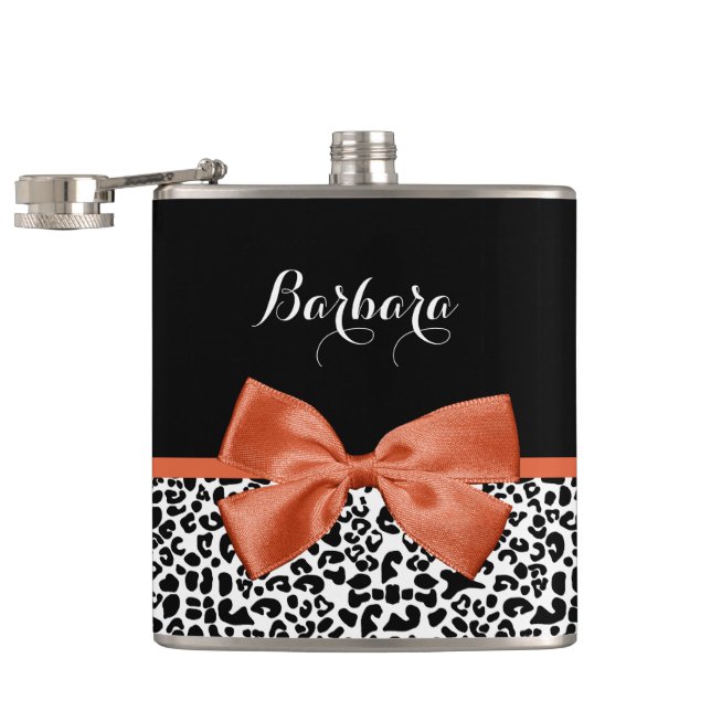 Chic Leopard Print Burnt Orange Bow With Name Hip Flask (Opened)