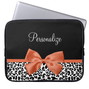 Chic Leopard Print Burnt Orange Bow With Name Laptop Sleeve