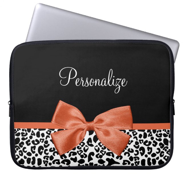 Chic Leopard Print Burnt Orange Bow With Name Laptop Sleeve (Front)