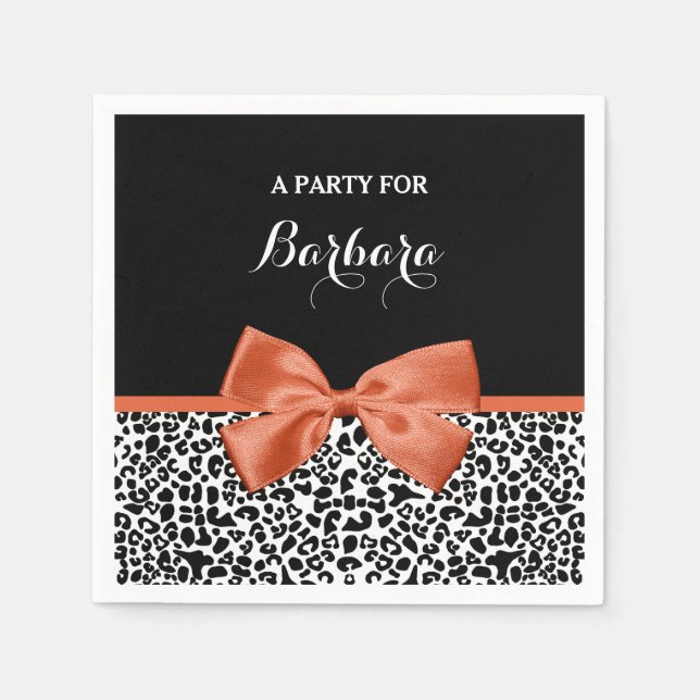 Chic Leopard Print Burnt Orange Bow With Name Napkin (Front)