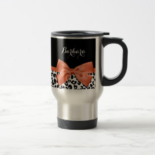 Chic Leopard Print Burnt Orange Bow With Name Travel Mug