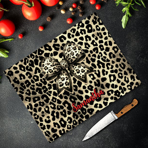 chic leopard print coquette bow monogram cutting board