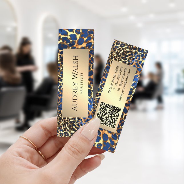 Chic Leopard Print Gold Glitter Luxury QR Code Mini Business Card (Creator Uploaded)