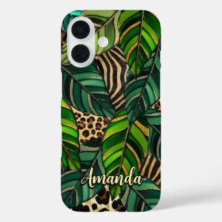chic leopard print monstera leaves monogram Case-M iPhone 16 Case