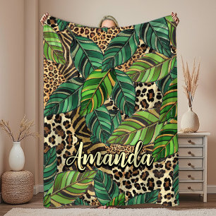 chic leopard print monstera leaves monogram fleece blanket