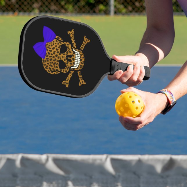 Chic Leopard Print Pirate Skull Blue Bow Pickleball Paddle (Insitu)