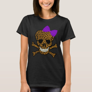 Chic Leopard Print Pirate Skull Purple Bow T-Shirt