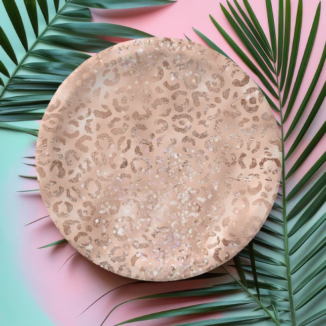 Chic Leopard Print Rose Gold Blush Sparkle Paper Plate (Creator Uploaded)