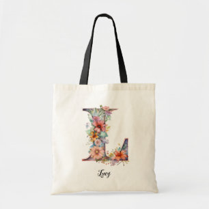 Chic Letter L   Whimsical Floral Letter Monogram Tote Bag