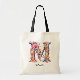 Chic Letter M Whimsical Floral Letter Monogram Tote Bag