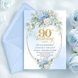Chic Light Blue Floral Gold 90th Birthday Invite