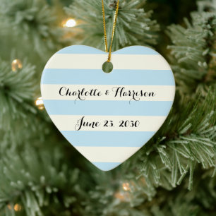Chic light blue ivory stripes script names ceramic tree decoration