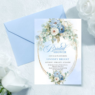 Chic Light Blue Peony Gold Accent Bridal Shower Invitation