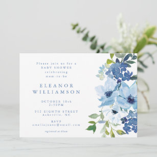 Chic Light Blue Watercolor Floral Baby Shower Invitation