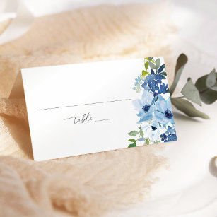 Chic Light Blue Watercolor Floral Wedding Lined Place Card